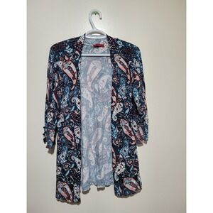 RED Paisley Open Front Cardigan Womens Medium Teal Pink 3/4 Sleeve